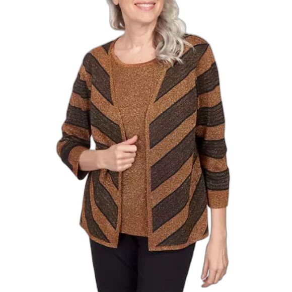 Alfred Dunner Cardigan Women Size Small Bronze Chevron Stripe Two-For-One NWT - Picture 1 of 9
